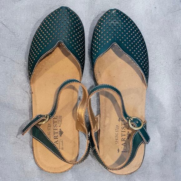 L'Artiste By Spring Step Lizzie Green Perforated Leather Sandal Women’s 7.5 - Picture 1 of 7